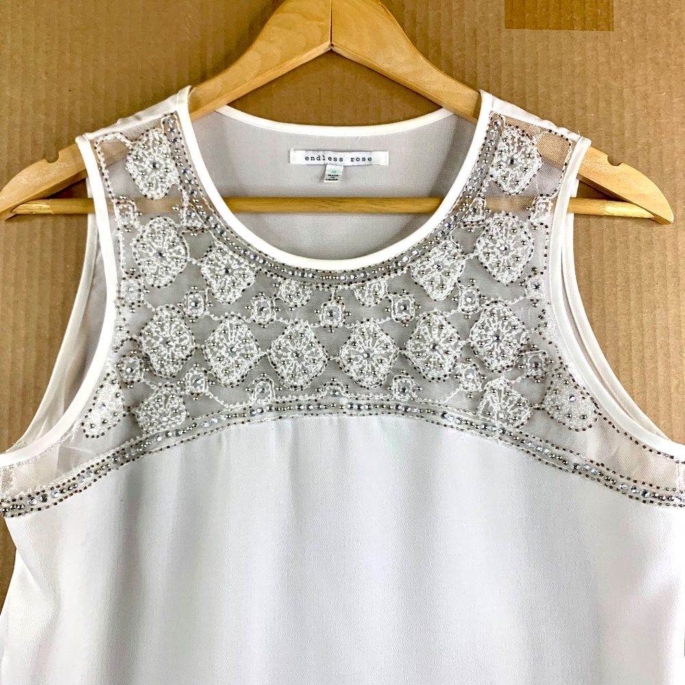 Endless Rose White Floral Lace Silver Beaded Mesh Yoke Sleeveless Flowy Blouse